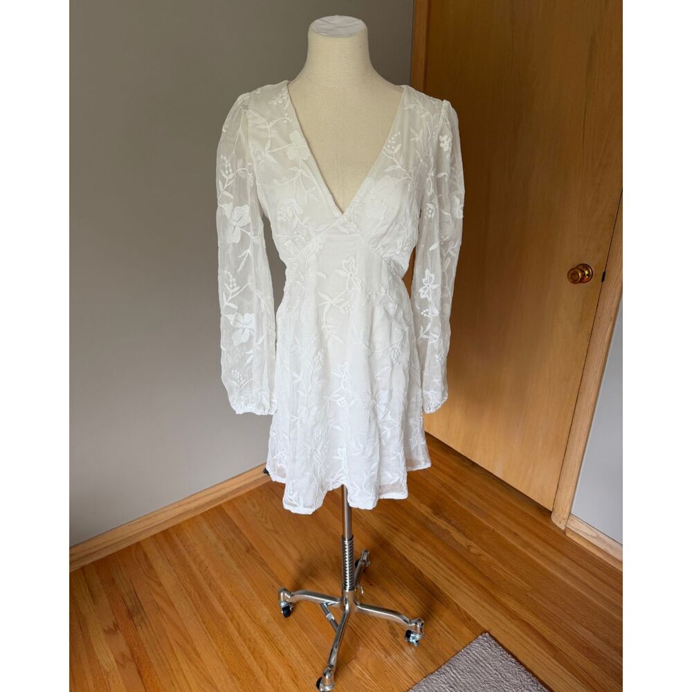 Lulus White Angelic Bliss Embroidered Long Sleeve Fall Bridal Mini Dress Sz M
